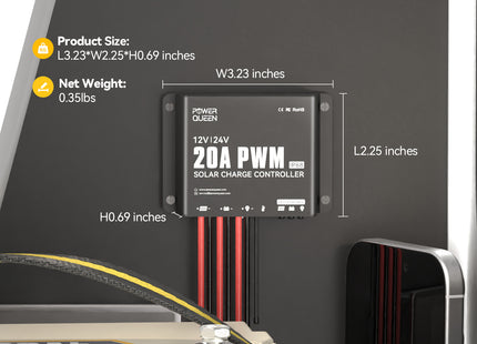 Compact and lightweight Power Queen 20A PWM solar charge controller, product dimensions and easy installation display