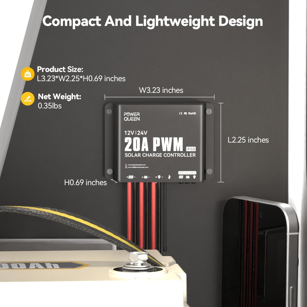 Compact and lightweight Power Queen 20A PWM solar charge controller, product dimensions and easy installation display