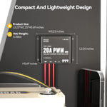 Compact and lightweight Power Queen 20A PWM solar charge controller, product dimensions and easy installation display