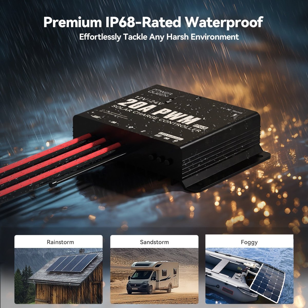 Power Queen 20A PWM solar charge controller with IP68 waterproof rating suitable for rainstorm, sandstorm, and fog conditions