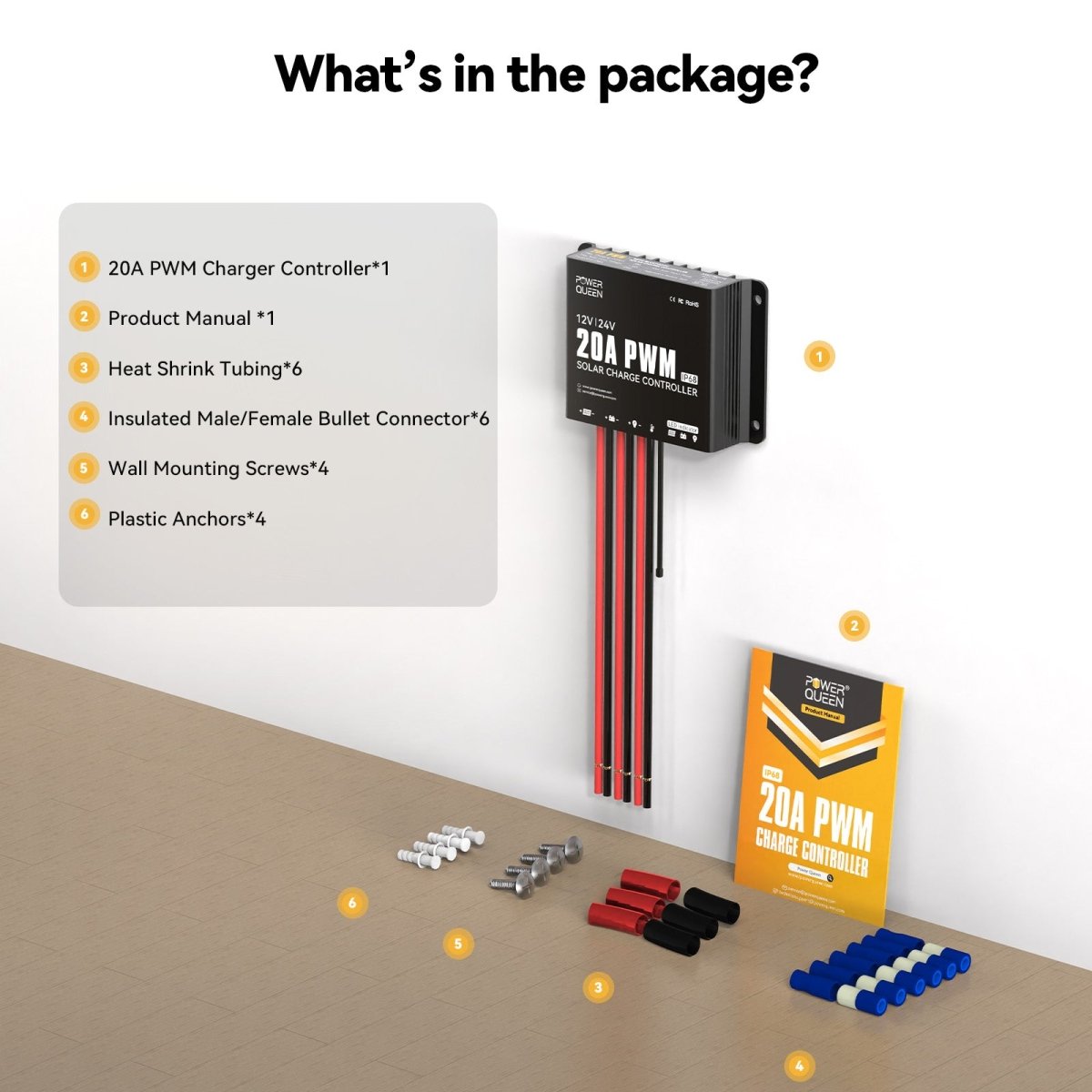 What’s in the box of Power Queen 20A PWM controller – manual, tubing, bullet connectors, screws, and plastic anchors