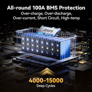 Power Queen LiFePO4 battery with 100A BMS protection against overcharge, over-discharge, over-current, short circuit and high temperature