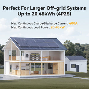 Power Queen 24V 100Ah LiFePO4 battery for larger off-grid solar energy storage systems up to 20.48kWh