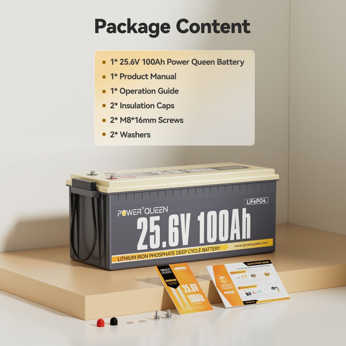 Package contents of Power Queen 24V 100Ah LiFePO4 battery including user manual, operation guide, screws and insulation caps