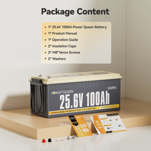Package contents of Power Queen 24V 100Ah LiFePO4 battery including user manual, operation guide, screws and insulation caps