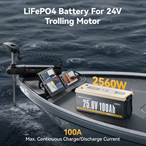 Power Queen LiFePO4 battery for 24V trolling motor with max continuous charge and discharge current of 100A