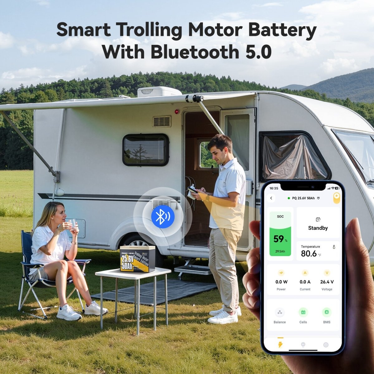 Smart Bluetooth 5.0 LiFePO4 battery for trolling motor and camping with real-time app monitoring on mobile phone