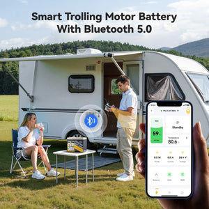Smart Bluetooth 5.0 LiFePO4 battery for trolling motor and camping with real-time app monitoring on mobile phone