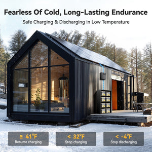 Cold weather lithium battery for solar home system with safe charging below 41°F and discharging above -4°F
