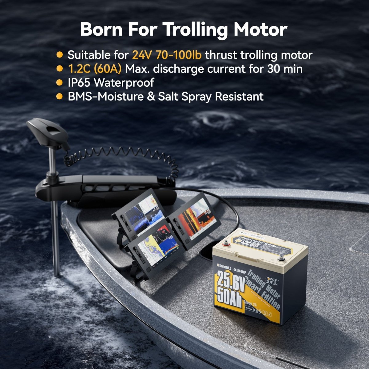 Power Queen 24V 50Ah LiFePO4 battery for trolling motor with IP65 waterproof rating and 60A max discharge for 30 minutes