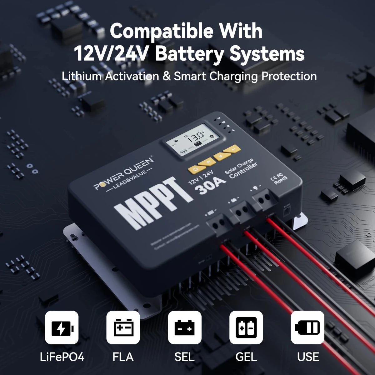 Power Queen 30A MPPT Solar Charge Controller compatible with 12V and 24V various battery systems.