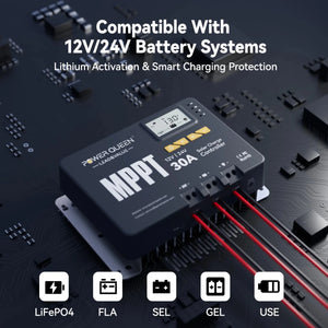Power Queen 30A MPPT Solar Charge Controller compatible with 12V and 24V various battery systems.