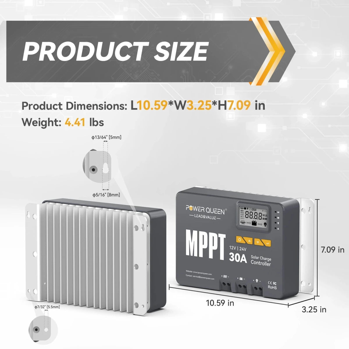 Power Queen 30A MPPT Solar Charge Controller dimensions product size and mounting hole details.