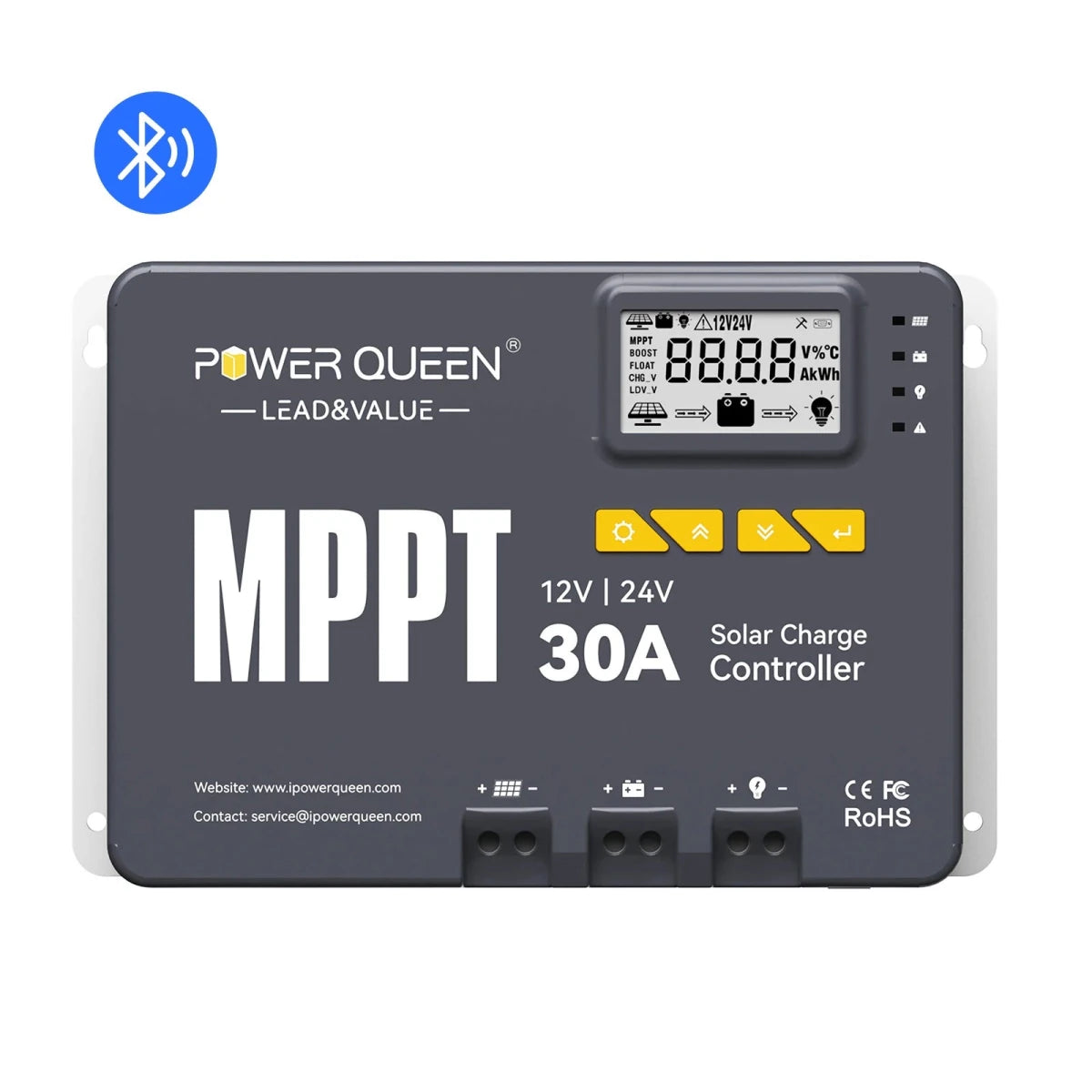Power Queen 30A MPPT Solar Charge Controller featuring integrated Bluetooth