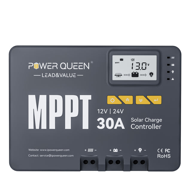Front view of Power Queen 12V 24V 30A MPPT solar charge controller for efficient battery charging
