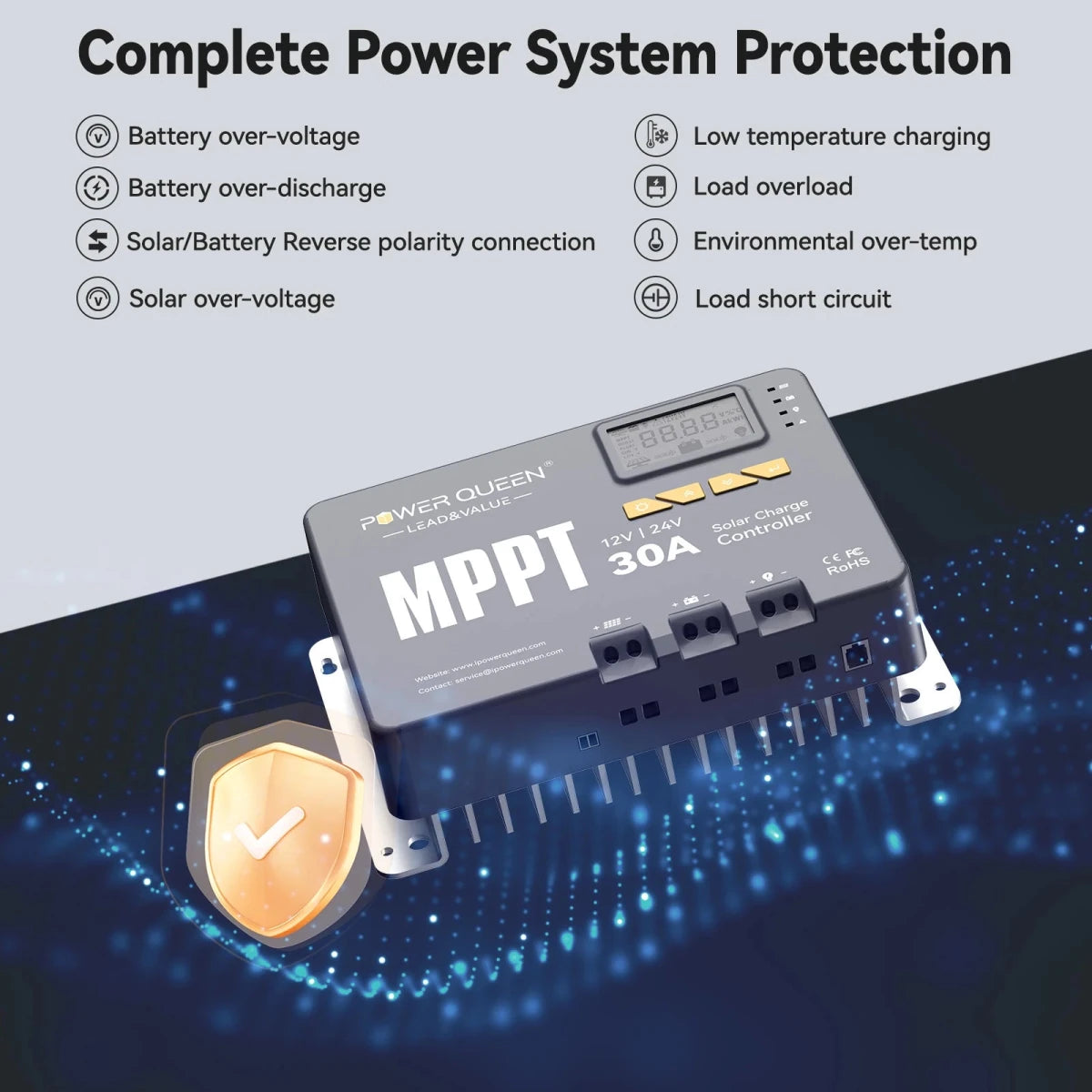 Power Queen 30A MPPT Solar Charge Controller offering complete power system protection with eight safety features.