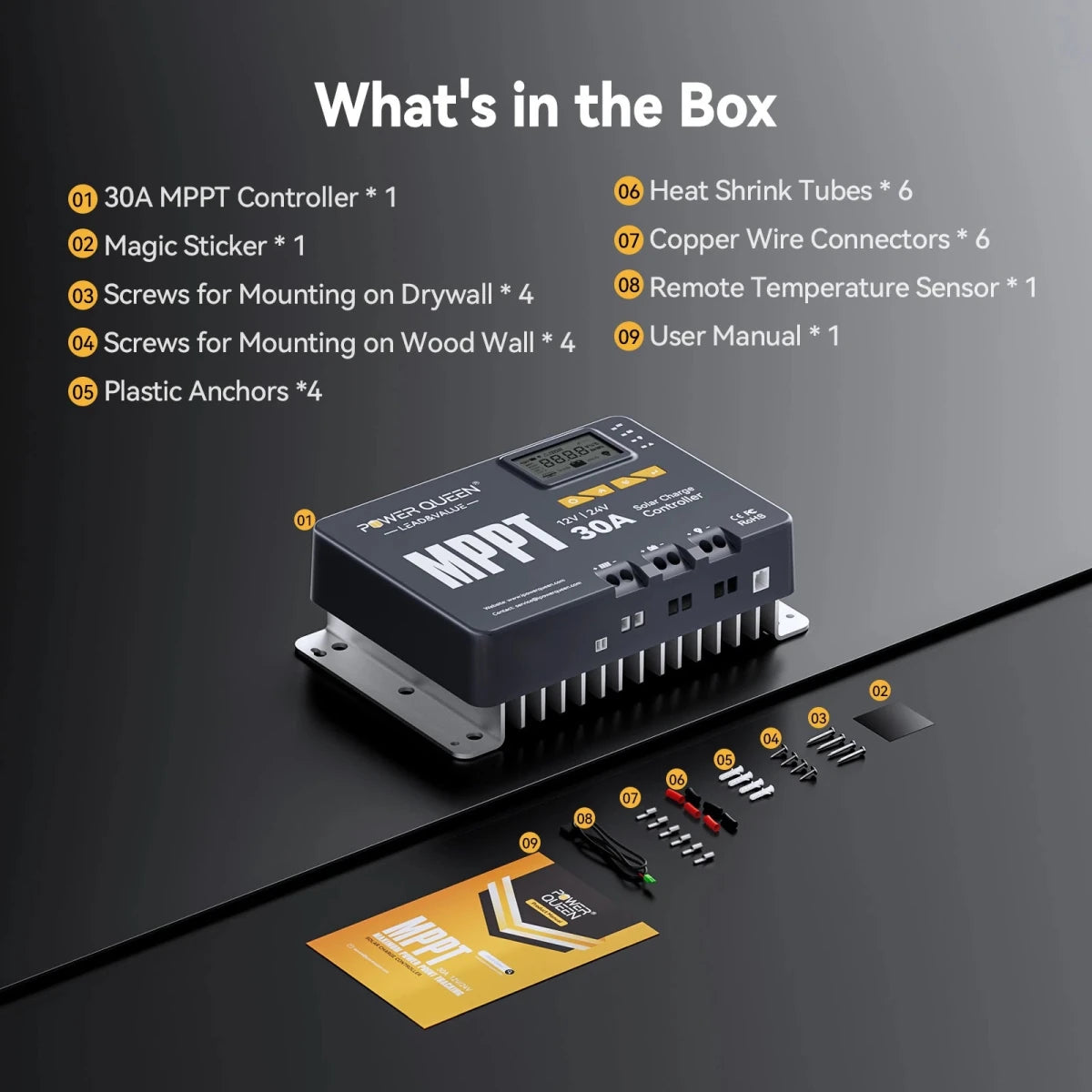 Power Queen 30A MPPT Solar Charge Controller package contents and included accessories list.