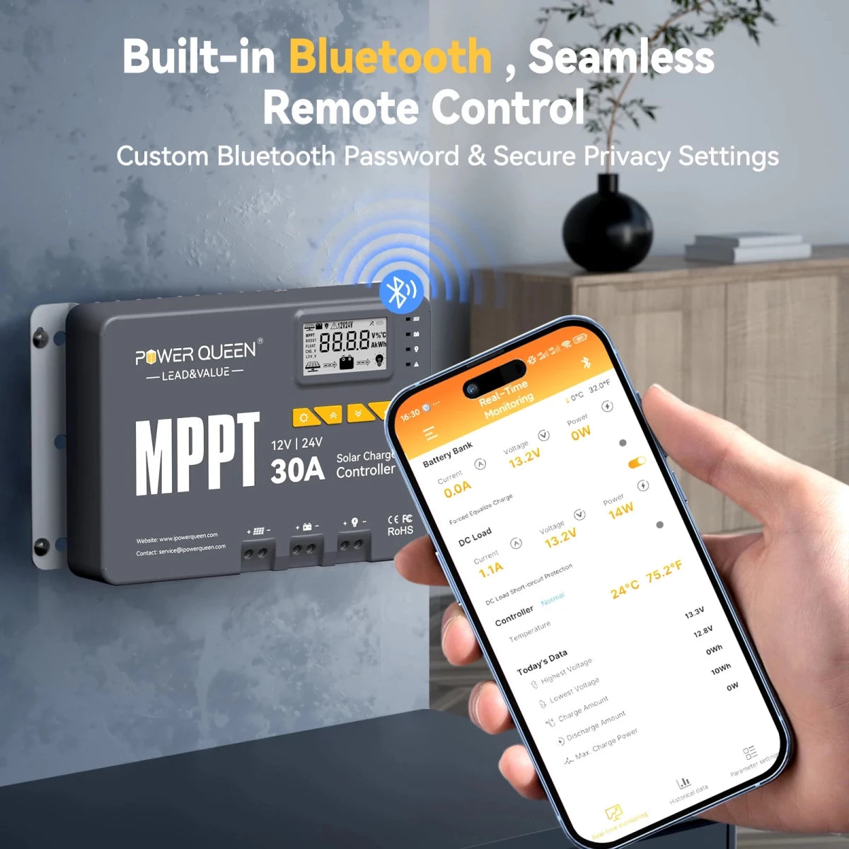 Power Queen 30A MPPT Solar Charge Controller remote monitoring via smartphone app