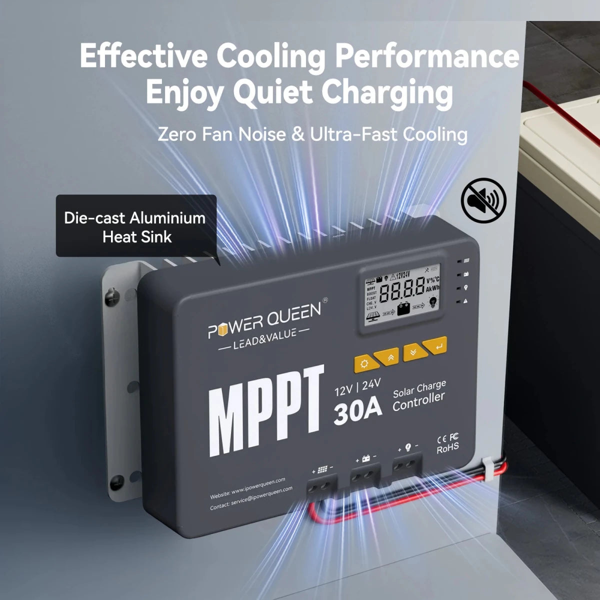 Power Queen 30A MPPT Solar Charge Controller with die-cast aluminium heat sink for quiet cooling.