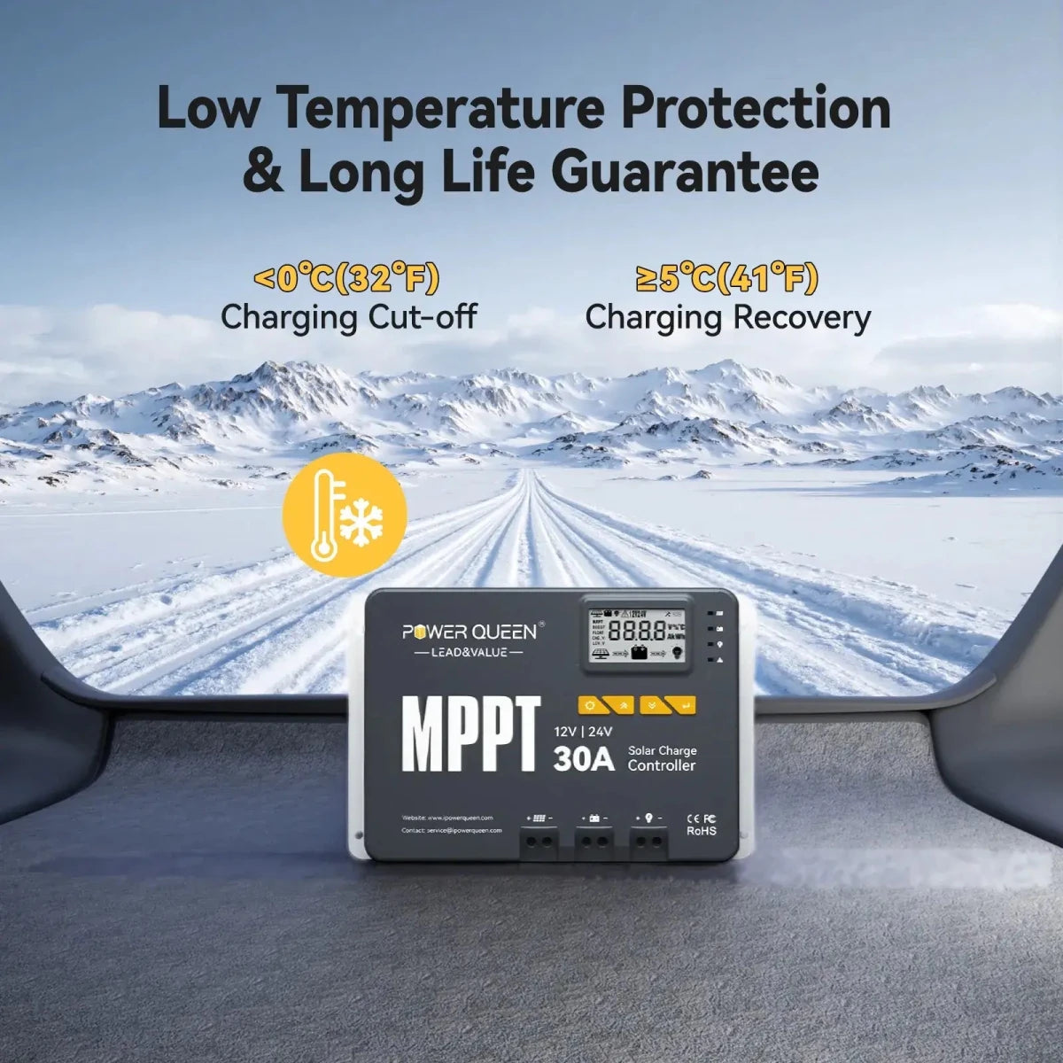Power Queen 30A MPPT Solar Charge Controller with low temperature protection in a snowy landscape.