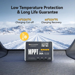 Power Queen 30A MPPT Solar Charge Controller with low temperature protection in a snowy landscape.