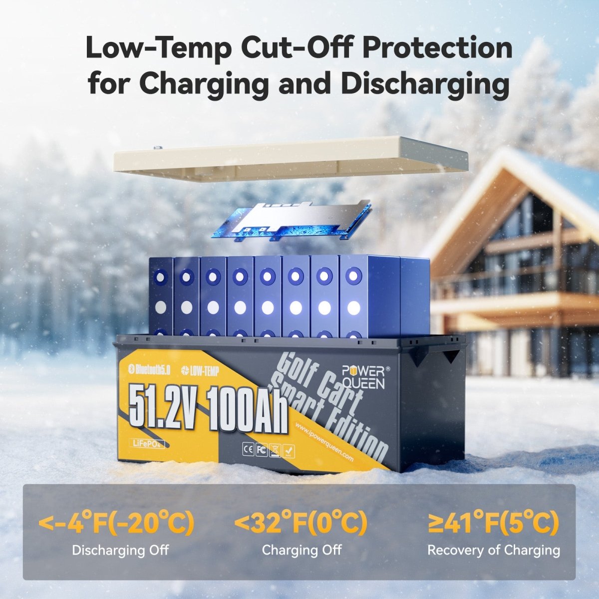 Power Queen 48V 100Ah Golf Cart Smart LiFePO4 Battery with low temperature cut off protection