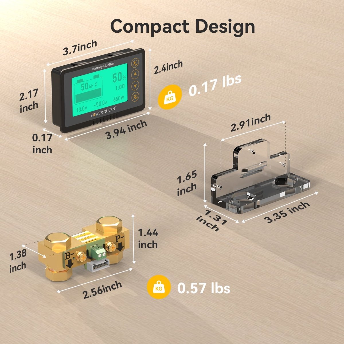 Compact design dimensions of Power Queen Battery Monitor and 500A shunt for easy integration into various systems