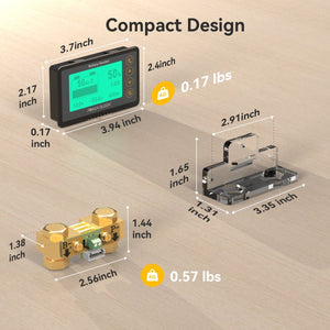Compact design dimensions of Power Queen Battery Monitor and 500A shunt for easy integration into various systems