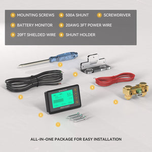 Power Queen 500A Battery Monitor all-in-one installation kit with battery monitor, 500A shunt, shielded wire, power wire, screws, holder, and screwdriver for easy setup