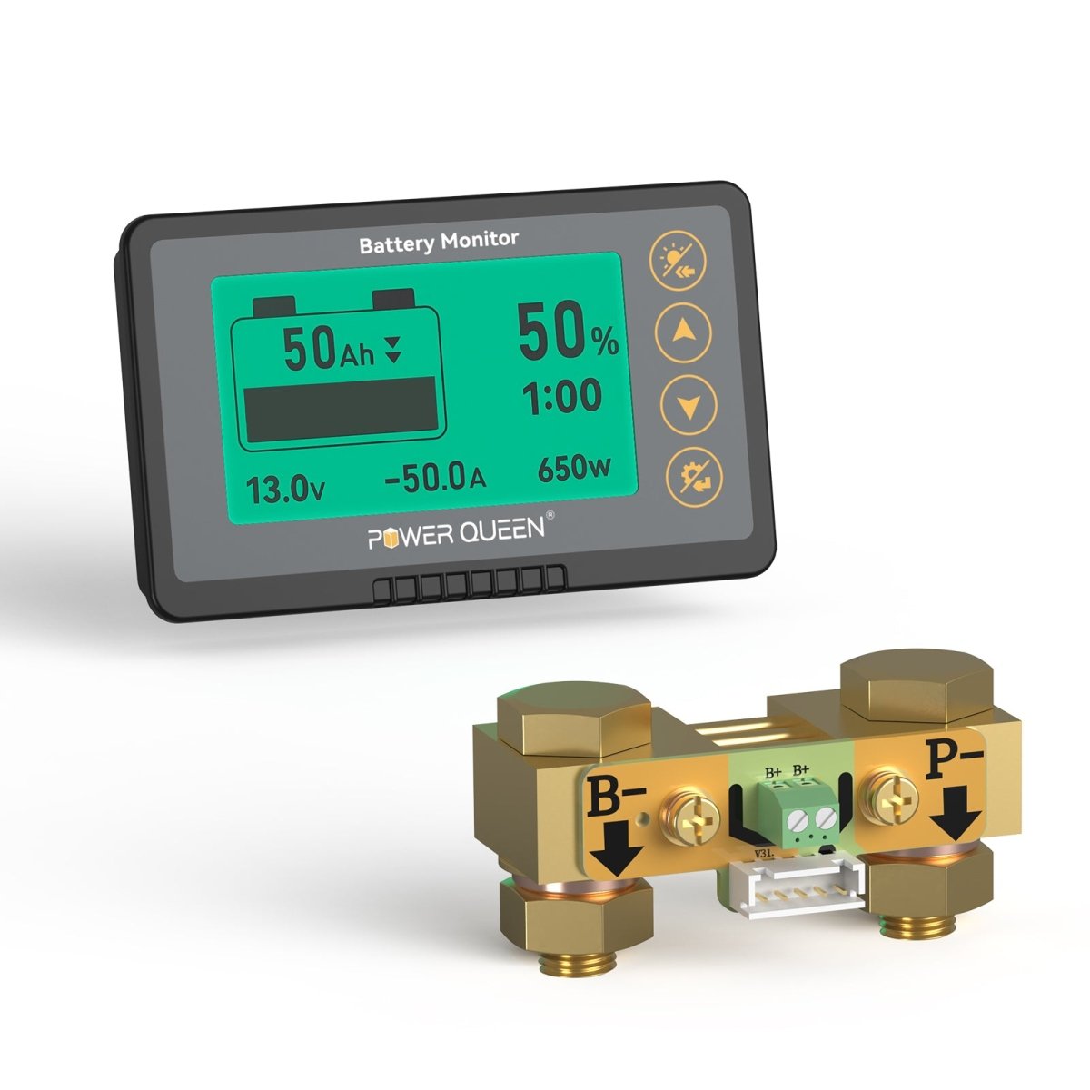 Power Queen 500A Battery Monitor with LCD display and high-precision 500A shunt for accurate battery monitoring