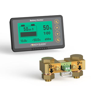 Power Queen 500A Battery Monitor with LCD display and high-precision 500A shunt for accurate battery monitoring
