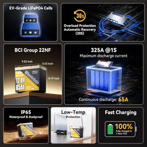 Key features of Power Queen 12V 65Ah battery including EV-grade LiFePO4 cells, BCI Group 22NF, IP65 rating, and 65A discharge.