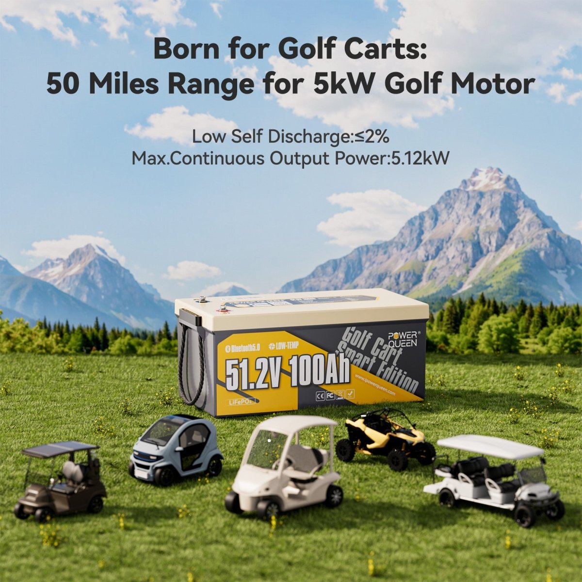 Power Queen 48V 100Ah Golf Cart Lithium Battery providing 50 miles driving range