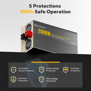 Power Queen 2000W inverter with 5 safety protections: short circuit, overload, overheat, undervoltage, and overvoltage