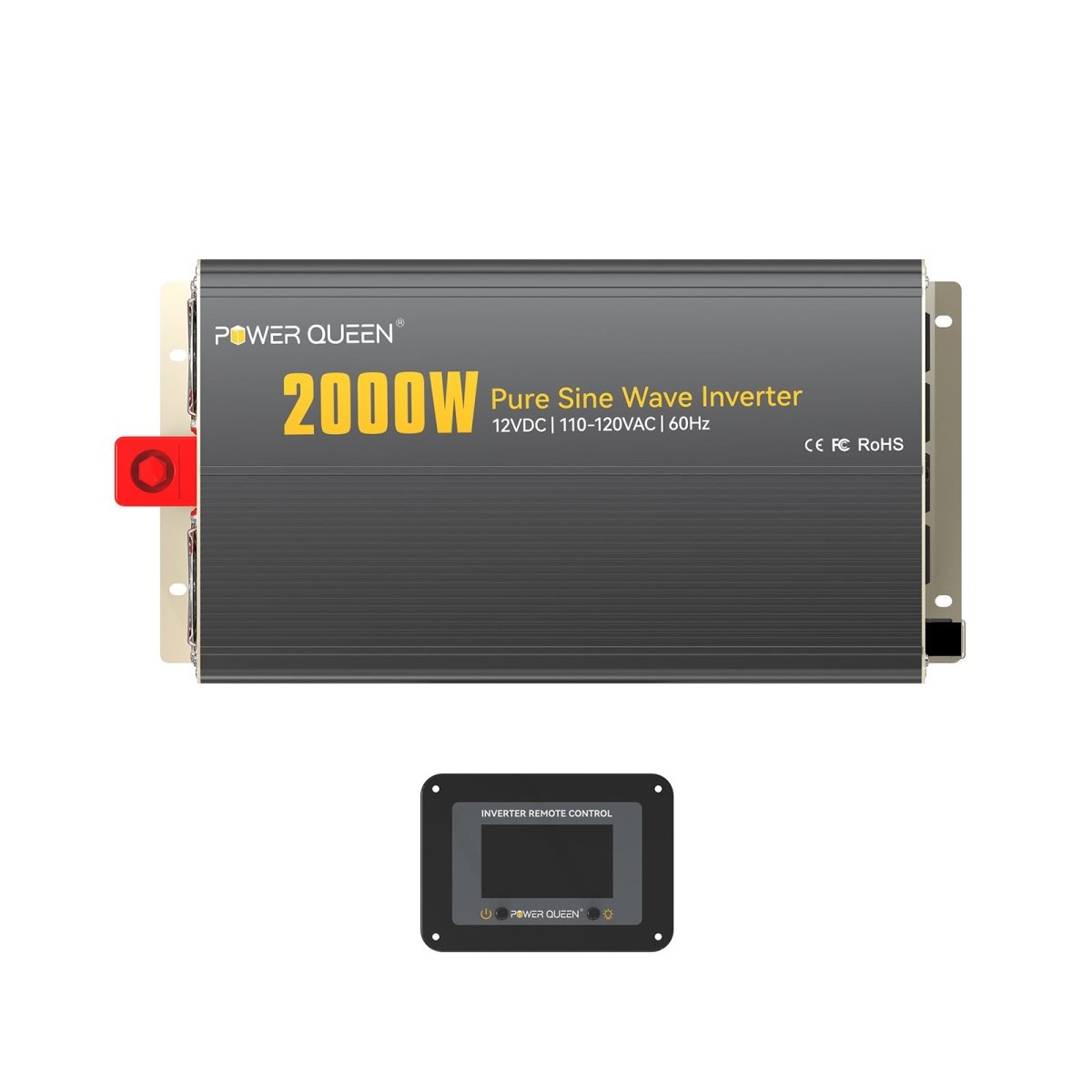 Front view of Power Queen 2000W inverter with digital remote control panel included
