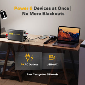 Power Queen inverter powering laptop, hair dryer, and desk lamp with 4 AC outlets and USB ports