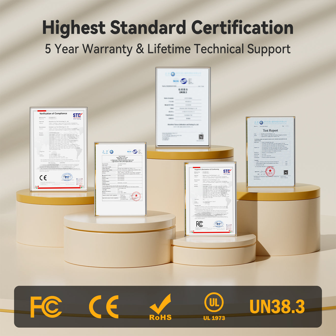 Power Queen LiFePO4 battery with FCC, CE, RoHS, UL, UN38.3 certifications, 5-year warranty and lifetime support
