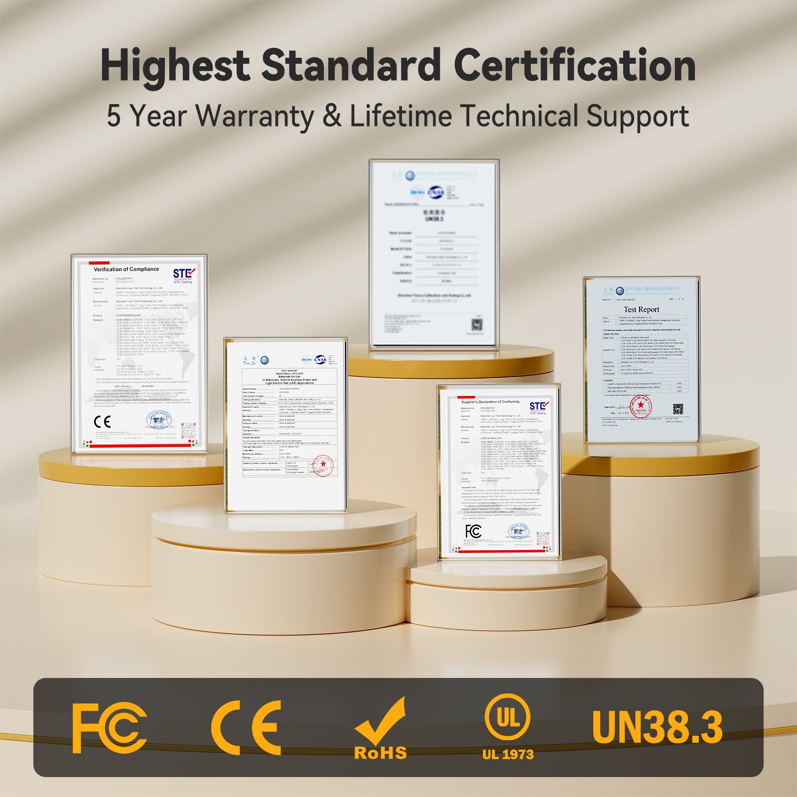 Power Queen LiFePO4 battery with FCC, CE, RoHS, UL, UN38.3 certifications, 5-year warranty and lifetime support