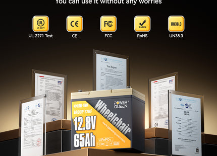 Power Queen 12V 65Ah LiFePO4 battery certified with UL-2271, CE, FCC, RoHS, and UN38.3 safety standards.