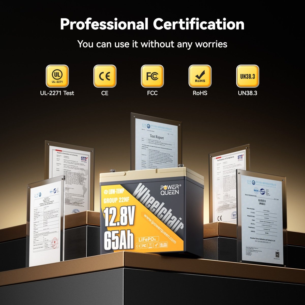 Power Queen 12V 65Ah LiFePO4 battery certified with UL-2271, CE, FCC, RoHS, and UN38.3 safety standards.