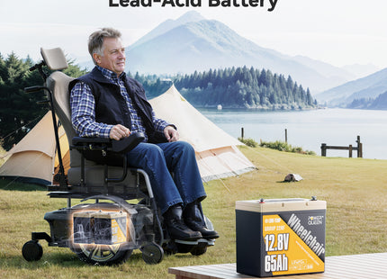 Elderly man using wheelchair powered by Power Queen 12V 65Ah LiFePO4 battery in an outdoor camping scene.