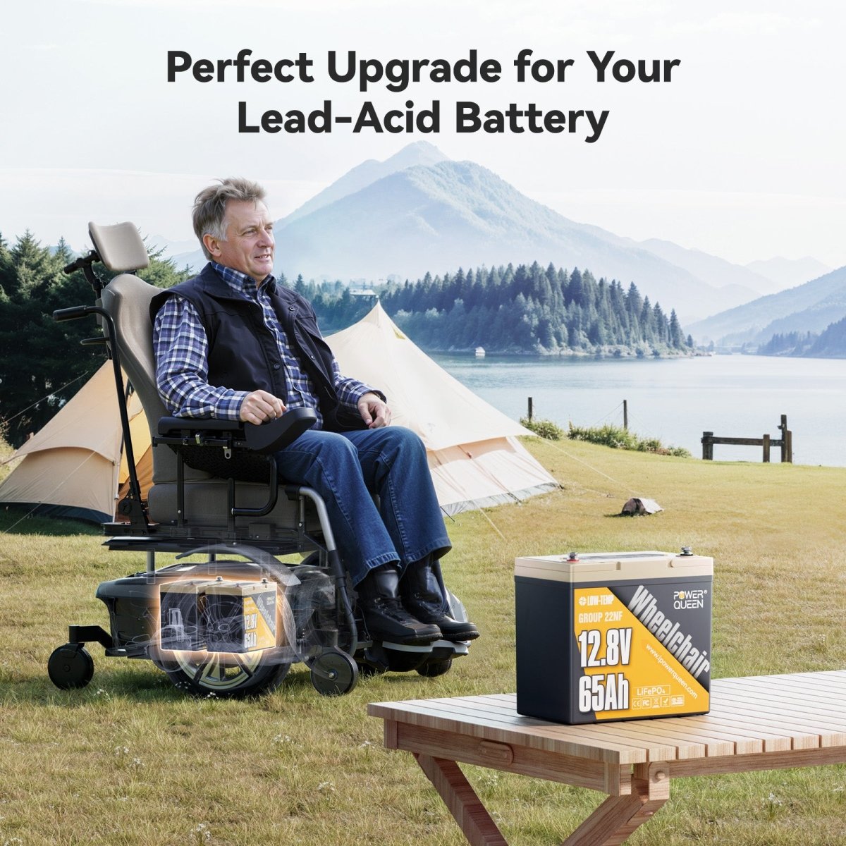 Elderly man using wheelchair powered by Power Queen 12V 65Ah LiFePO4 battery in an outdoor camping scene.
