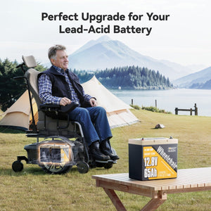 Elderly man using wheelchair powered by Power Queen 12V 65Ah LiFePO4 battery in an outdoor camping scene.