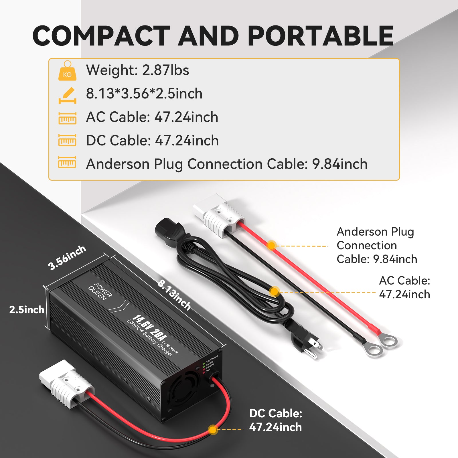 Compact and portable Power Queen 14.6V 20A LiFePO4 battery charger with cable dimensions