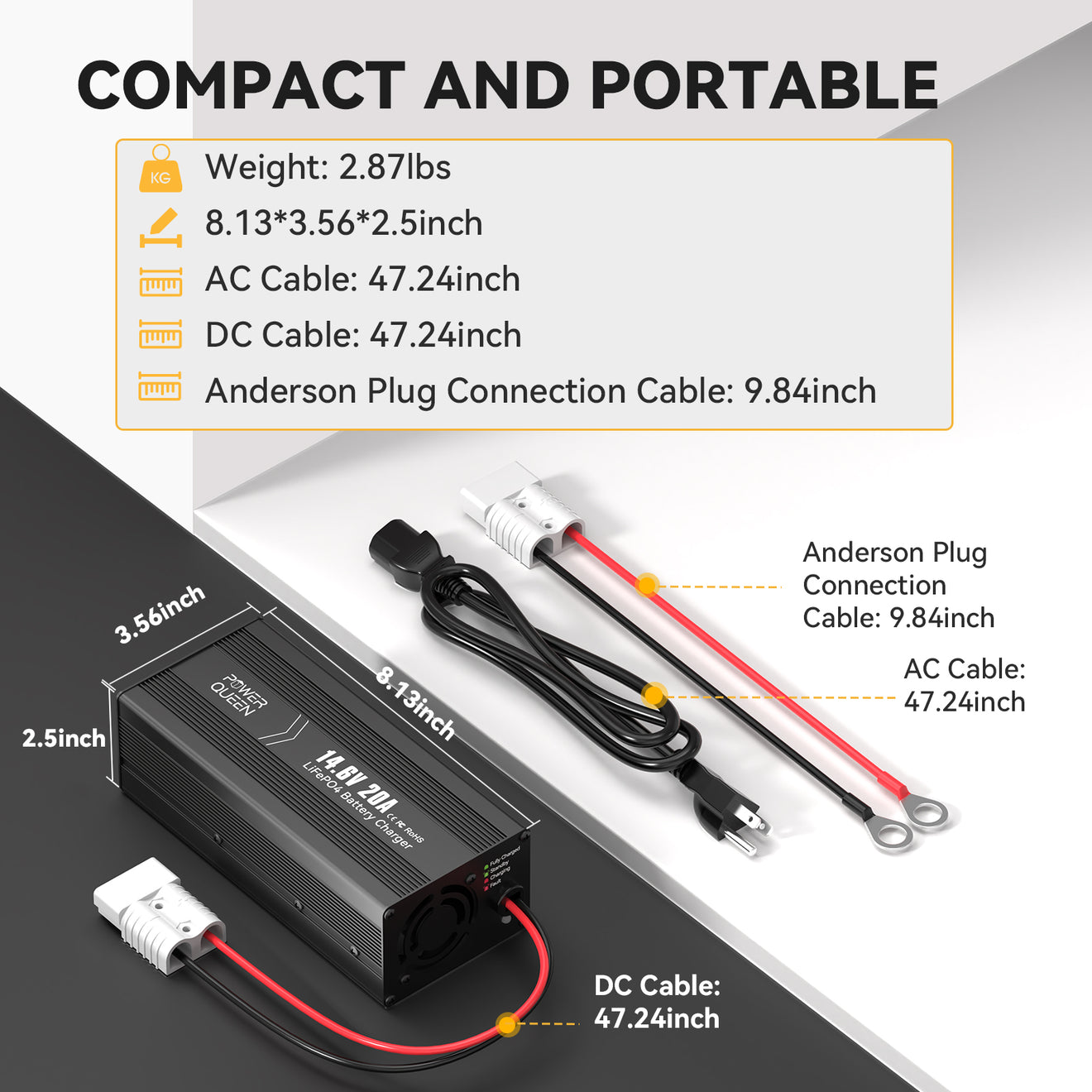 Compact and portable Power Queen 14.6V 20A LiFePO4 battery charger with cable dimensions