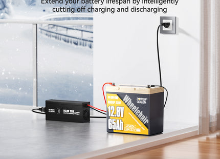 Power Queen 12V 65Ah lithium battery showing intelligent low-temperature charging protection for winter use.