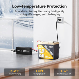 Power Queen 12V 65Ah lithium battery showing intelligent low-temperature charging protection for winter use.