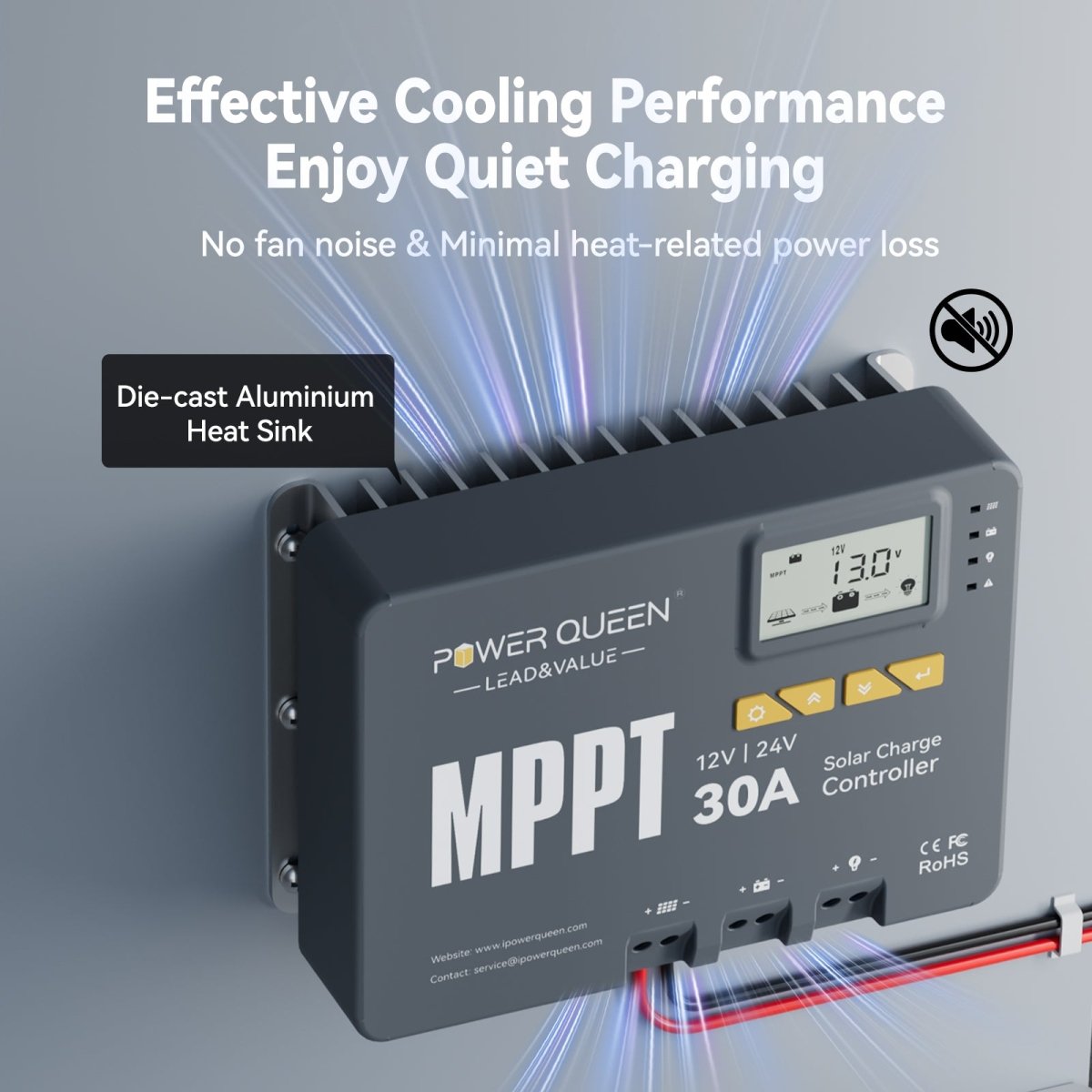 Efficient cooling system of Power Queen MPPT controller with die-cast aluminum heat sink and fanless design