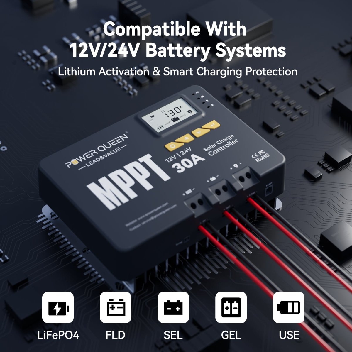 Power Queen MPPT solar charge controller compatible with 12V and 24V lithium, lead-acid, gel, and sealed batteries