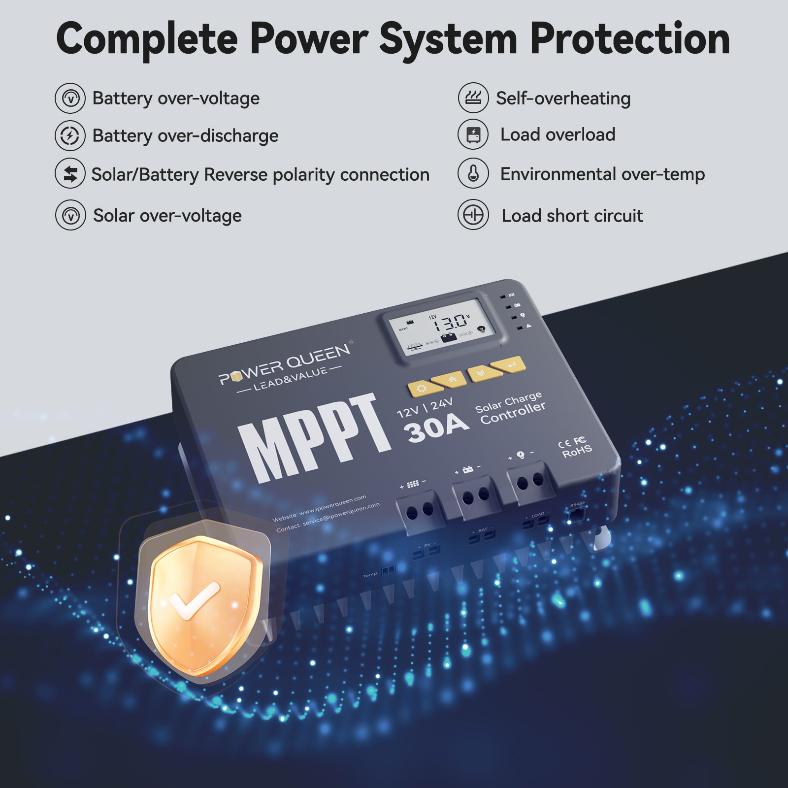 Side view of Power Queen 12V 24V 30A MPPT solar charge controller showing installation ports and design